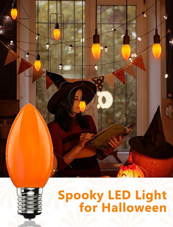 25 Pack Halloween LED Light Bulb,C9 Plastic Orange LED Bulbs for Halloween Decoration Light,C9/E17 Candelabra Base 0.6 Watt Great for Outdoor Indoor Night Lights Holiday Halloween Christmas Decor