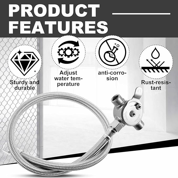 4 Pcs 3/8" Manual Mixing Valve Hot Cold Water Temperature Mixer Thermostatic Mixing Valve for Home and Bathroom Below Deck to Adjust Water Temperature, 8 Braided Faucet Connector Included