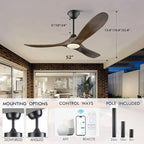 52 Inch Smart Ceiling Fan with Lights, Outdoor Ceiling Fans for Patios Damp Rated, 3 Blades Propeller Walnut Wood Farmhouse Ceiling Fan, Large Airflow DC Ceiling Fan with Remote/APP/Alexa Control