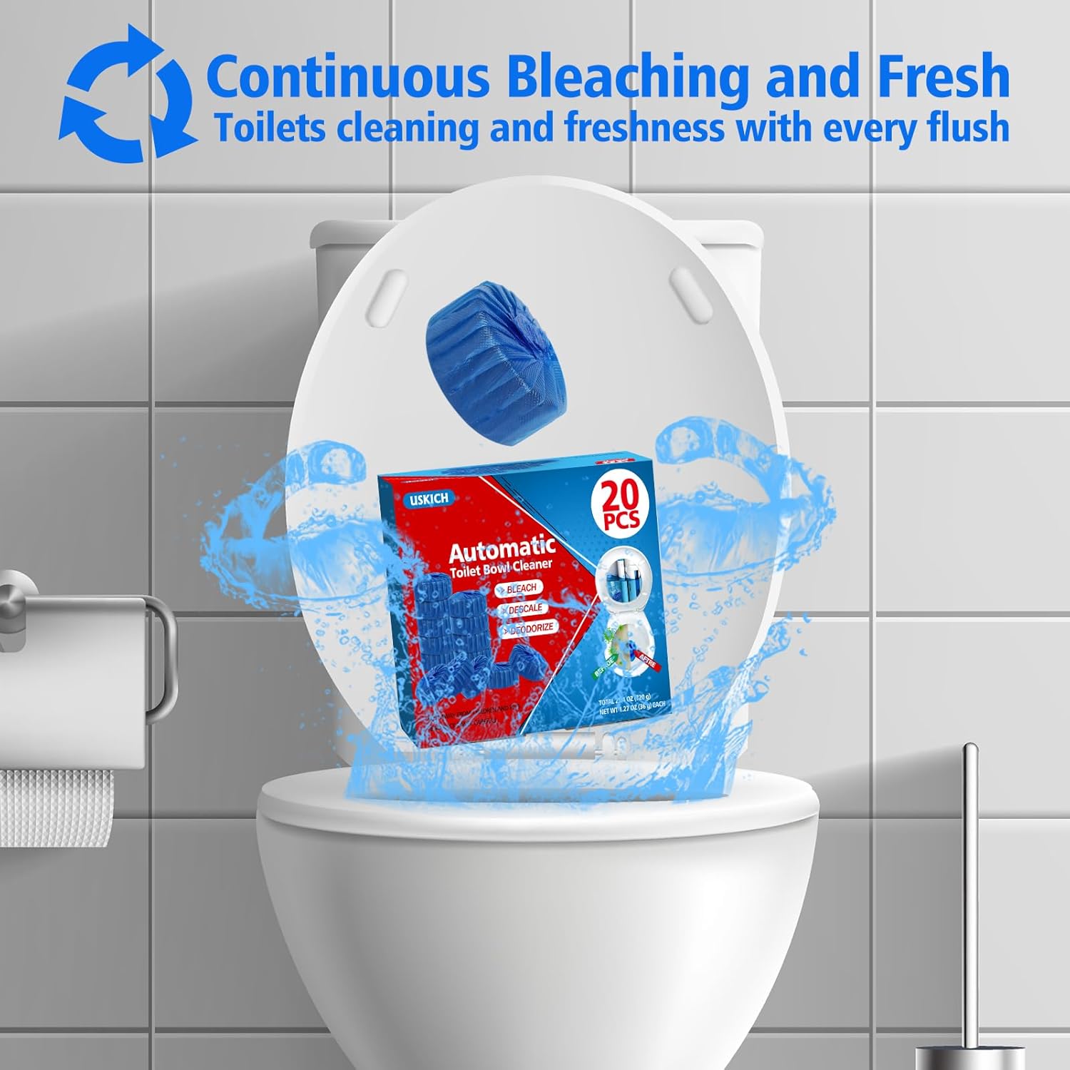 USKICH 20 Pack Toilet Bowl Cleaner Tablets,Blue Automatic Toilet Tank Cleaners, Long-Lasting Household Toilet Cleaners,Toilet flush Cleaning & Deodorizer
