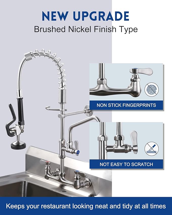 [New Upgrade] Brushed Nickel Commercial Kitchen Faucet with Pre-Rinse Sprayer 8 Inch Center Wall Mount Kitchen Sink Faucet with 9.6" Add-on Swing Spout 25" Height Faucet with Pull Down Spray