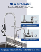 [New Upgrade] Brushed Nickel Commercial Kitchen Faucet with Pre-Rinse Sprayer 8 Inch Center Wall Mount Kitchen Sink Faucet with 9.6" Add-on Swing Spout 25" Height Faucet with Pull Down Spray