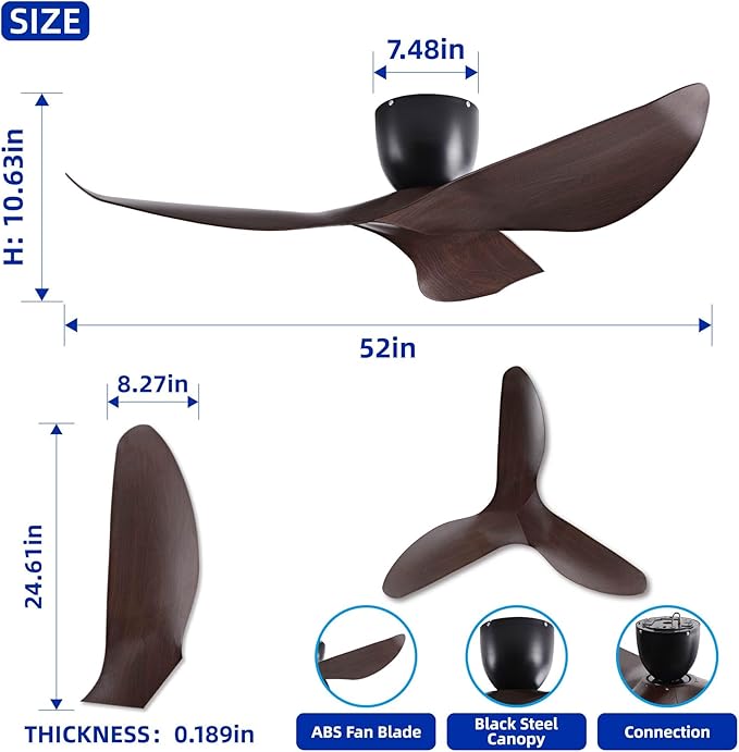 52-Inch Black Ceiling Fan Without Light, Modern Low-Profile Flush Mount Fan with Remote, 6-Speed Reversible Quiet DC Motor,for Patio, Living Room, Bedroom (No Light)