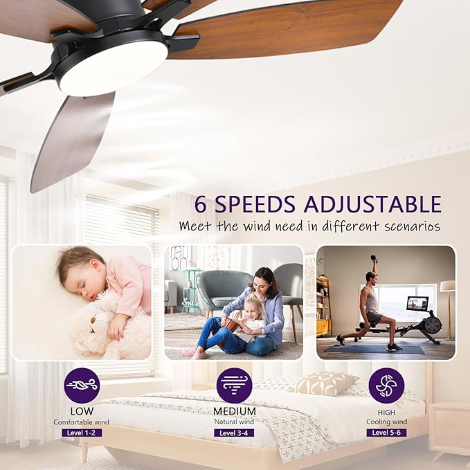 52inch Ceiling Fans with Lights, Low Profile Ceiling Fan with Light and Remote Control/APP Control, Flush Mount, Reversible Motor, Dimmable, Noiseless, Brown Ceiling Fan for Bedroom (Brown)