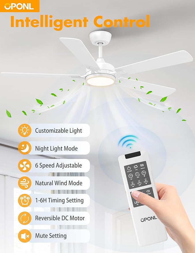 52 Inch White Ceiling Fan with Light with Remote Control, Large Air Volume, modern ceiling fan with light for Bedroom Kitchen Dining room Patio- Donwrod Mount