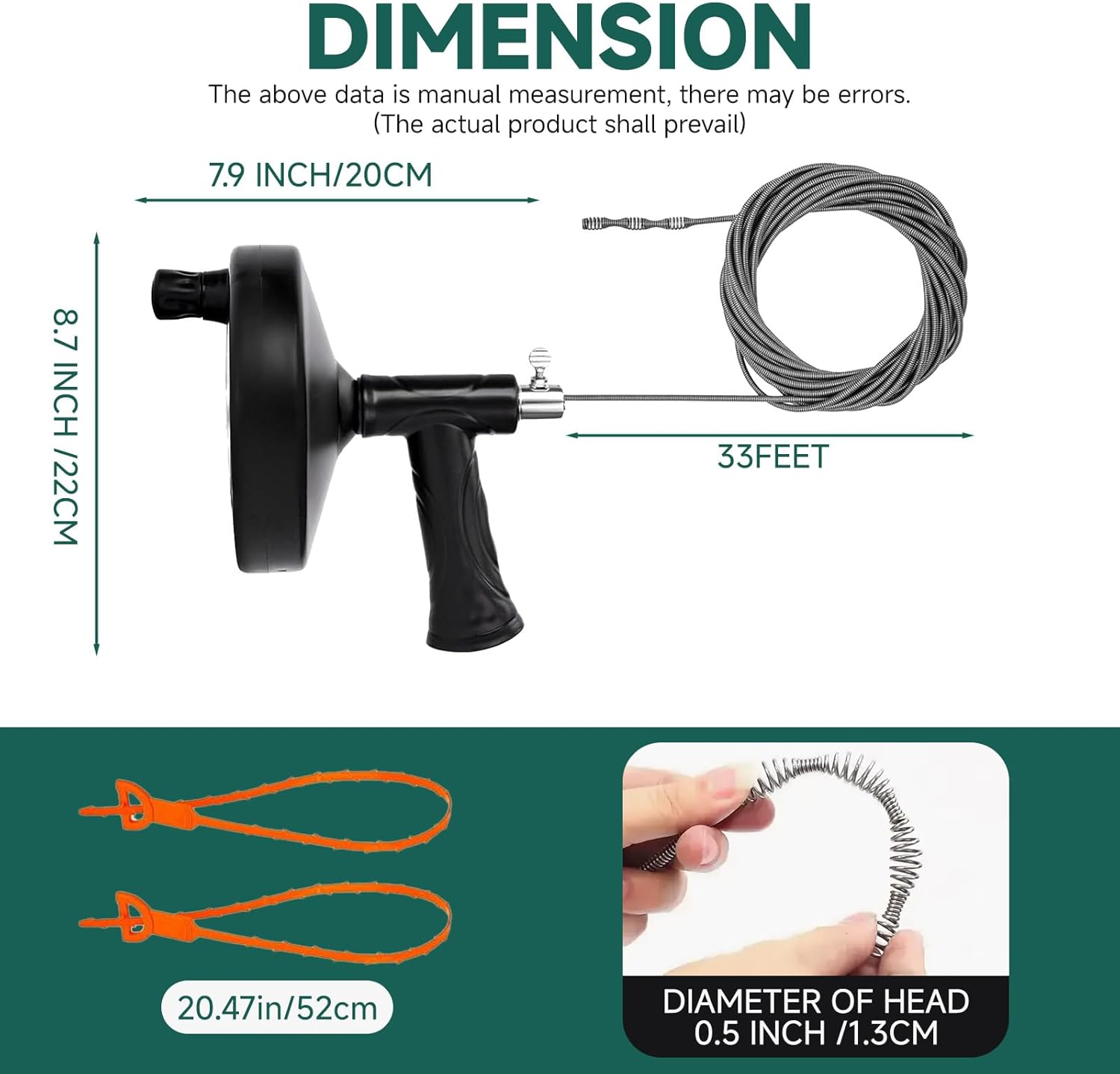 Drain Snake Auger 33 Feet，Spiral Drill Drain Cleaner for Toilet, Sink, Shower & Bathtub，Hair & Blockage Removal Tool ，Reusable Eco-Friendly Kit with Gloves & Safety Glasses