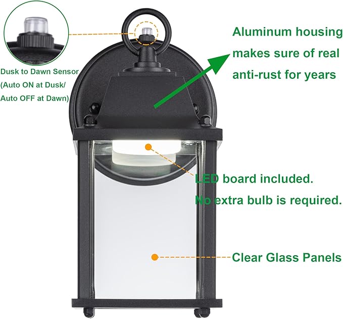 LIT-PaTH Dusk to Dawn Outdoor Wall Lantern, LED Wall Sconce, 5000K Daylight White, 9.5W, 800 Lumen, Aluminum Housing Plus Glass, Outdoor Rated, 2-Pack, Black