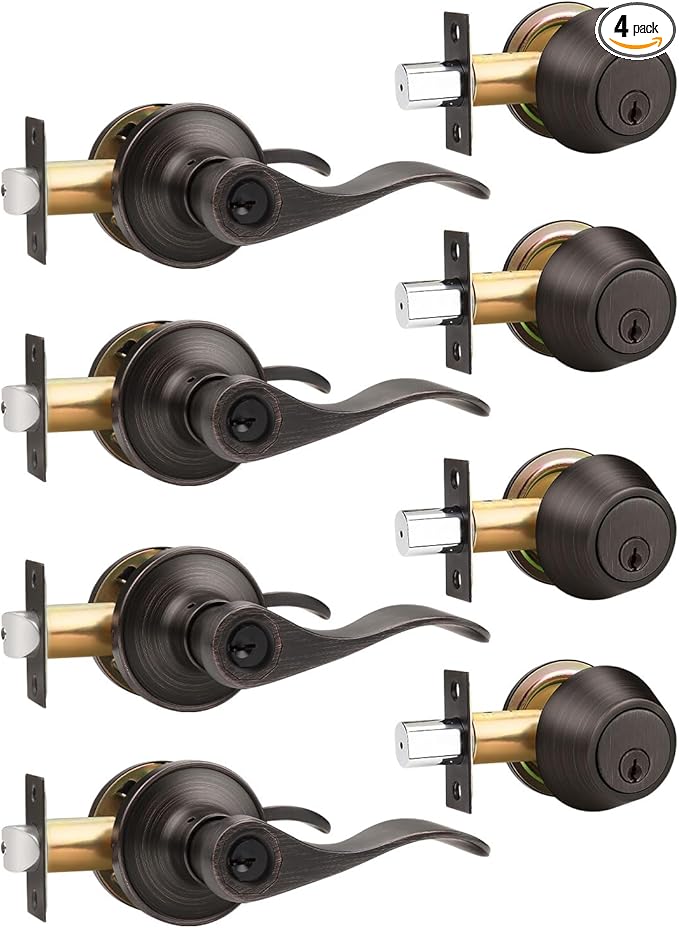 Gobrico 4 Sets Front Entry Door Levers and Single Cylinder Deadbolt Combination Locksets, Oil Rubbed Bronze Keyed Alike Exterior Door Handleset with Deadbolts in Wave Style