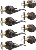 Gobrico 4 Sets Front Entry Door Levers and Single Cylinder Deadbolt Combination Locksets, Oil Rubbed Bronze Keyed Alike Exterior Door Handleset with Deadbolts in Wave Style