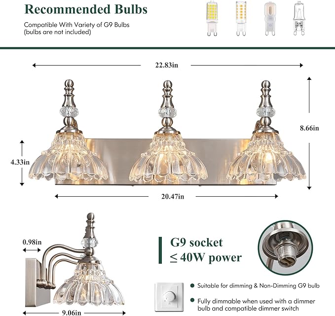 Vintage Bathroom Vanity Light, 3-Light Brushed Nickel Vanity Lighting Fixture with Flower Glass Shade, Bathroom Lighting Fixtures Over Mirror