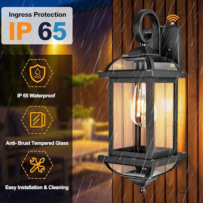 18” Dusk to Dawn Outdoor Lights for House 2-Pack, Anti-Rust Aluminum Exterior Light Fixtures with Fully Enclosed Bottom Outside Wall Lanterns IP65 Waterproof Porch Lights, Modern Black