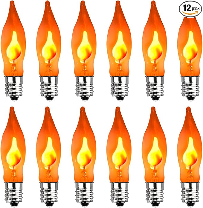 Halloween Flicker Flame Light Bulbs, 12 Pack C7 Orange Flickering Light Bulb, 1W E12 Flame Candelabra Bulbs for Candle Chandelier Outdoor String Lights Party Halloween Christmas Decoration