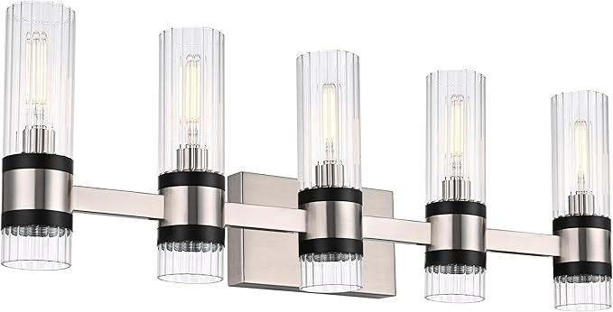 MELUCEE 5-Light Vanity Bathroom Lights, Modern Brushed Nickel Bathroom Light Fixtures Over Mirror with Ribbed Clear Glass Shade, Wall Mount Lamp for Bath Kitchen Bedroom Hallway, E12 Base
