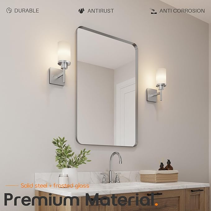 Bathroom Light Fixtures Brushed Nickel Vanity Lights with White Frosted Glass Shade, Wall Lamp for Mirror Kitchen Bedroom Living Room Porch T001BR-L1