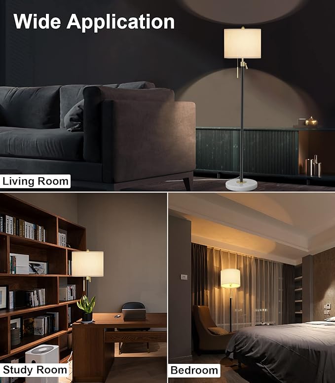 Floor Lamp for Living Room Adjustable Tall Standing Lamp, 3-Way Dimmable Floor Lamp for Bedroom Office, Black Gold Lamp with Marble Base and White Linen Shade