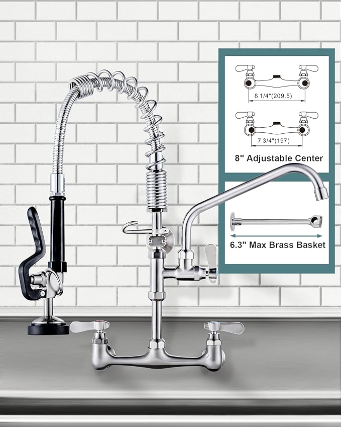 21" Height Commercial Faucet Wall Mount with Sprayer 9.6" Swing Spout 8" Adjustable Center, Kitchen Sink Faucets with Pull Down Pre-Rinse Sprayer for Restaurant Industrial Kitchen, Brushed Nickel