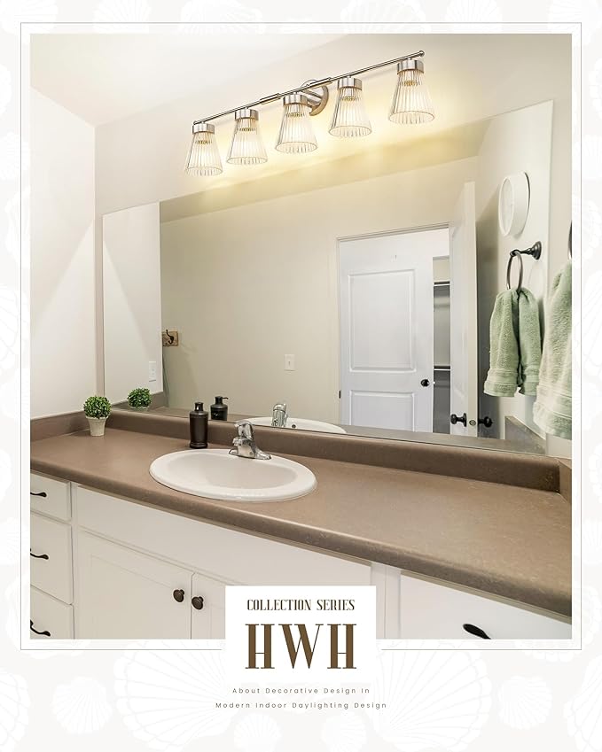 Brushed Nickel Bathroom Vanity Light, HWH 5-Light Bathroom Light Fixtures Modern Wall Vanity Lamp for Bathroom Over Mirror, Clear Striped Glass Shade, 5HZG97B-5W BN