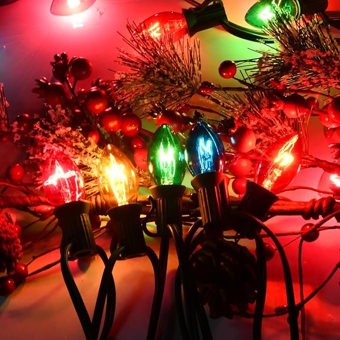 25 Pack C7 Clear Multicolor Incandescent Replacement Bulbs, 5W Warm White 2200K, E12 Base, Waterproof C7 Night Light Bulbs for Vintage Christmas String Lights Outdoor Indoor Home Party Decorations