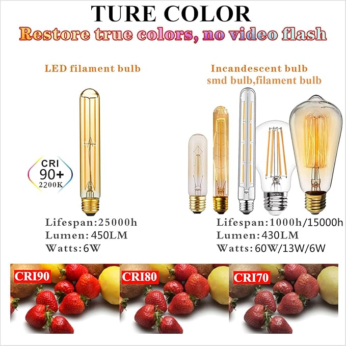LiteHistory E26 LED Bulb Dimmable 6W led Bulb Equal 60 Watt Light Bulb Warm White 2200K Amber Edison Bulb AC120V 450lm T10 led Bulb for Rustic Pendant,Industrial Wall sconces E26 Light Bulbs 6Pack