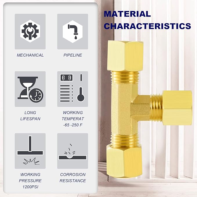 ChillWaves Brass Tee Compression Tube Fitting, 5/8" OD x 5/8" OD x 5/8" OD Compression Union Connector(2-PACK)