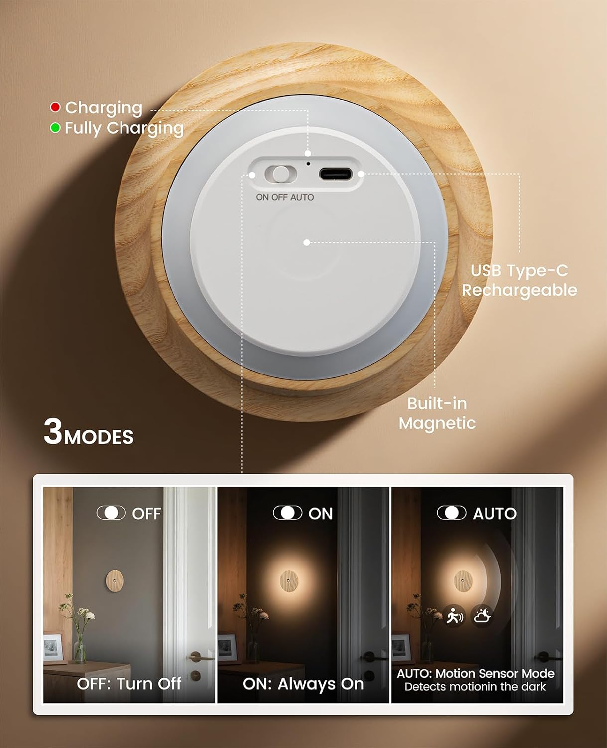 Motion Sensor Night Light Wood Rechargeable Battery-Powered Stick-On Step Lights Magnetic Closet Lights Warm Nightlight for Hallway Bedroom Stair (Ash Wood)