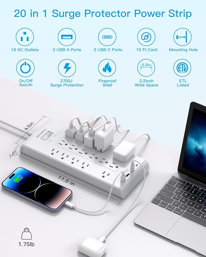 16 Outlets Surge Protector Power Strip, HANYCONY 5 Ft Flat Plug Heavy Duty Extension Cord with 16 Outlets 4 USB Ports(2 USB C), 2700 Joules, Wall Mount for Home Office, ETL Listed, White