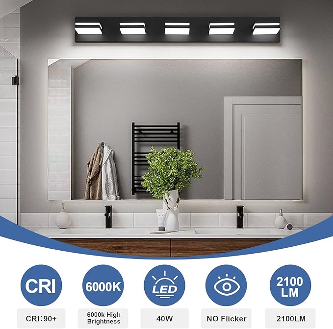 Modern LED Bathroom Lights Fixtures(5-Light),Metal Black Acrylic Wall Lighting,Vanity Lights for Bathroom Over Mirror(6000k 34In