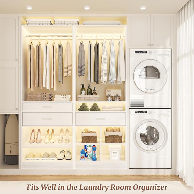 Unikito 50” W x 80'' H Closet Organizer Storage System with 2 Hanging Rod and 2 Wooden Drawers, Adjustable Shoes Rack, 4 Cubby Storage, Walk-in Closet Tower for Bedroom, Mudroom, and Entryway, White