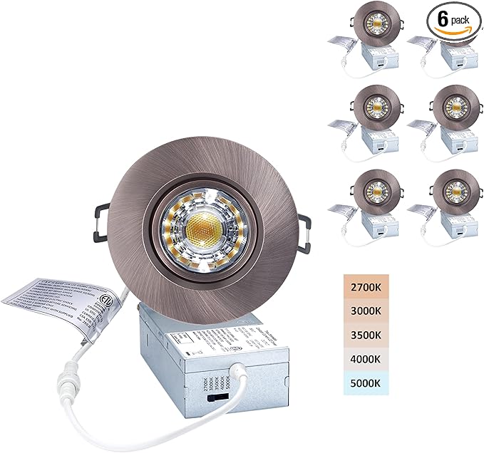 Premium Canless Recessed Gimbal Downlight Rotatable-Spotlight 5 CCT 3 Inch Eyeball Ceilling Potlight, Dimmable Recessed Lights Fixture with Junction Box, 8W, Oil Rubbed Bronze, 6P