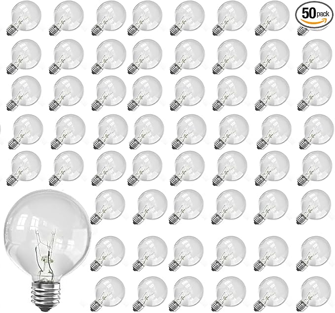 Abeja G40 Replacement Light Bulbs,Clear Globe Bulb fits E12 C7 Candelabra Screw Base Sockets, 1.5 Inch 5 watt Clear Glass Incandescent Bulbs for Indoor Outdoor Patio Decor, Warm White-50 Pack