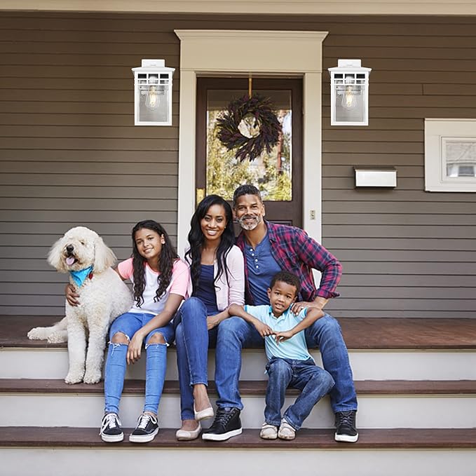 Dusk to Dawn Outdoor Light Fixture Wall Mount, Rustic Exterior Lights Fixture Wall Sconces with Seeded Glass for Front Porch, Waterproof Outdoor Wall Lantern in White Finish for Home,DDRZ009-W WH