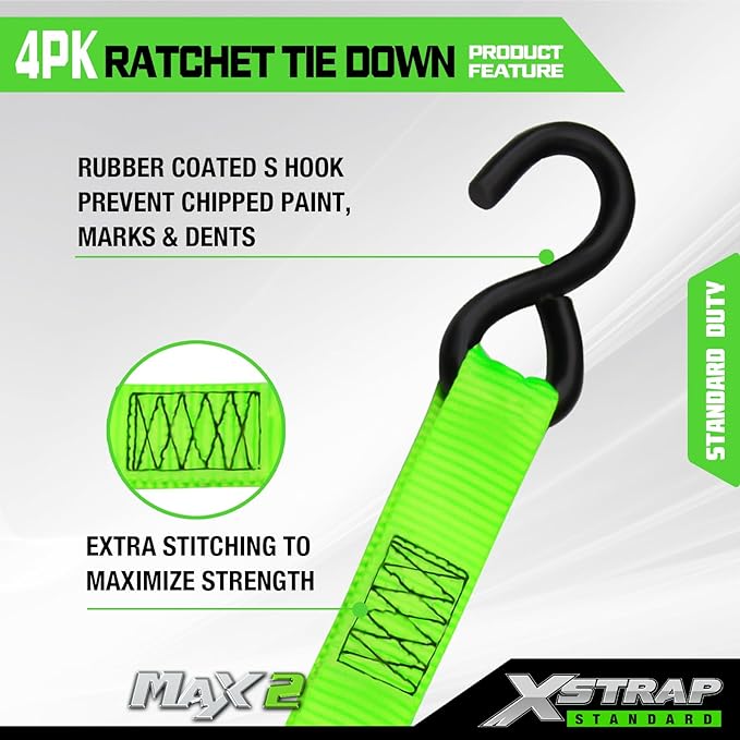 XSTRAP STANDARD Ratchet Tie Down Straps 4Pk 15Ft 1500Lb Break Strength, Cargo Straps for Moving Appliances, Lawn Equipment, Motorcycle, Includes 2 Bungee Cord