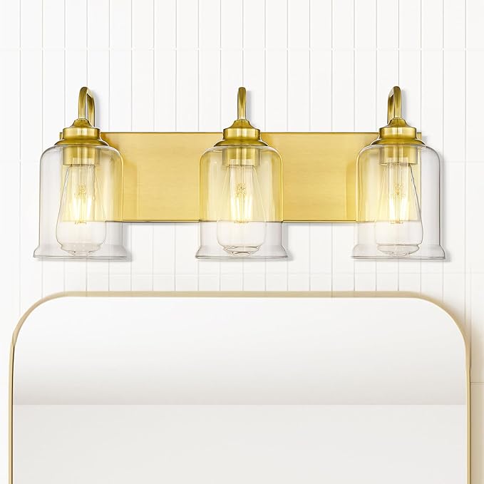 zeyu 21 Inch Gold Bathroom Light Fixtures, 3 Light Bathroom Vanity Light, Modern Vanity Light with Clear Glass Shade, Brushed Gold Finish, ZSL72B-3W BG