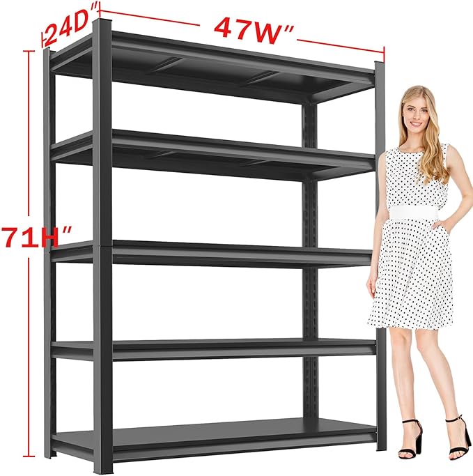 Metal Garage Storage Shelves Heavy Duty Shelving Unit 5 Tier Steel Adjustable Organizing Shelves 3000 LBS Capacity Industrial Shelving Ideal for Garage Tote Pantry Basement Outdoor, 71”Hx47”Wx24”D