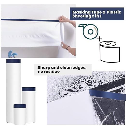 ADHES Painters Plastic with Tape, 48 inch x 90 feet x 3 Rolls Painters Tape with Plastic Attached, Pre Taped Masking Film Tape and Drape for Automotive Painting Covering