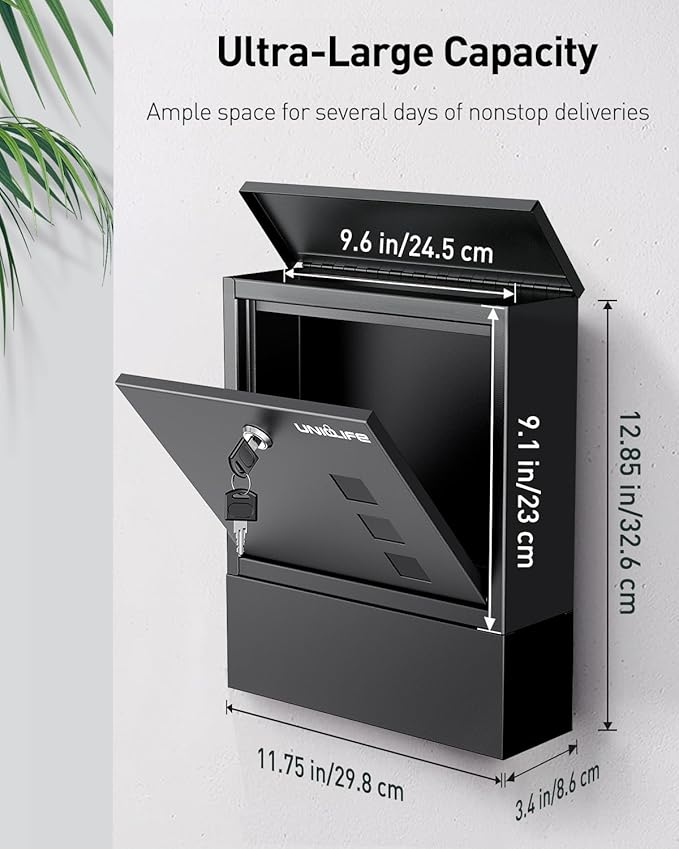 Uniclife Wall Mount Mailbox, Mailboxes for Outside, Large Modern Mail Box with Key Lock, Security Locking Drop Box for Newspaper House Office Outdoor, Black