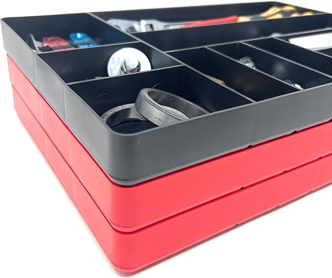 MLTOOLS Tool Drawer Organizer Tray - 10-Compartment Home & Garage Tool Tray - Stackable Workbench Toolbox Organization Holder for Small Parts, Batteries, Supplies - Made in The USA - OT10B Black