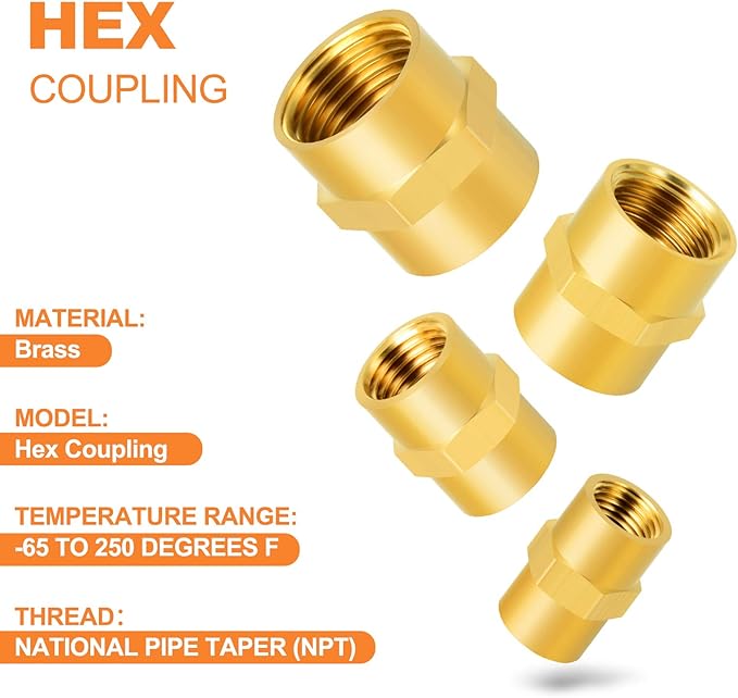 GASHER 8PCS Brass Pipe Fitting Hex Coupling Kit 1/8 inch 1/4 inch 3/8 inch 1/2 inch