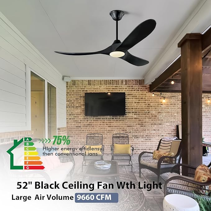 52 Inch Black Smart Ceiling Fan with Lights, Outdoor Ceiling Fan for Patio, 3 Blades Wood Ceiling Fan with Quiet Reversible DC Motor, Indoor Exterior Modern Ceiling Fan with Alexa/App/Remote Control