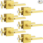 Probrico Gold Privacy Door Handle Lockset Heavy Duty Square Satin Brass Interior Door Lever for Bedroom or Bathroom Reversible Keyless Handleset Door Knob Slim Handed Levers, 6 Pack