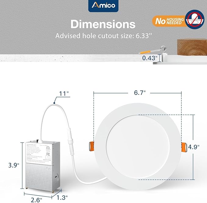 Amico 24 Pack 6 Inch 5CCT Ultra-Thin LED Recessed Ceiling Light with Junction Box, 2700K/3000K/3500K/4000K/5000K Selectable, 1050 Lumens, Dimmable Canless Wafer Downlight, 12W Eqv 110W-ETL&FCC