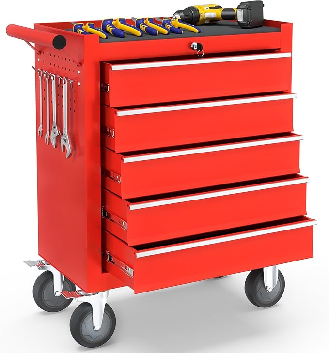 5-Drawer Rolling Tool Chest Toolbox, Rolling Tool Box with Wheels, Tool Chest with Keyed Locking System and Drawer Liners, Tool Box Organizer for Garage, Warehouse, Workshop(Red)
