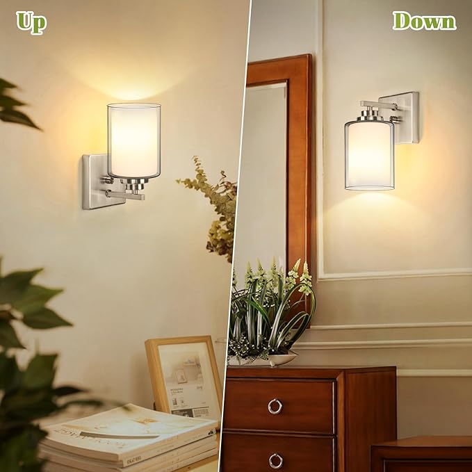Set of 2 Wall Sconces for Bathroom, Modern Vanity Light Fixtures, Nickle Wall Mount Lighting Lanterns, Farmhouse Wall Lights with Double Clear Glass Shade for Bedroom Living Room Mirror Hallway