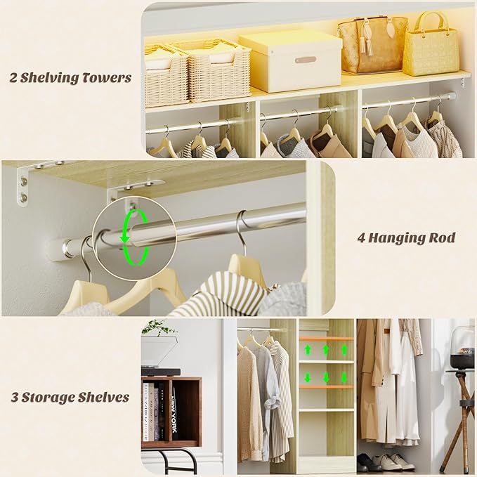 48" Small Closet Organizer, 4FT Closet System for Small Closets with 4 Hanging Rods & 3 Shelves, 80"H Small Closet Organizers and Storage for Bedrooms, Cloakrooms, White Oak