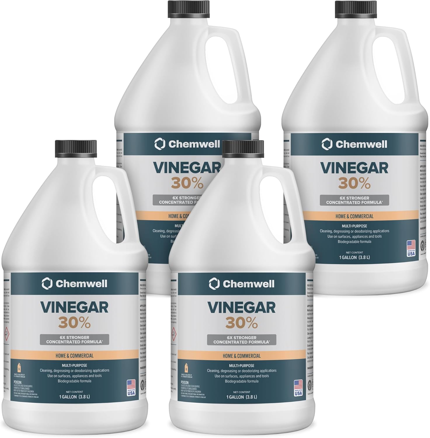30% Vinegar 4 Gallons (4 Pack, 1 Gallon) - General Purpose All-Natural Multi-Surface Cleaner for Home, Patio & Commercial - High Performance, Powerful Concentrated Acetic Acid - Made in USA