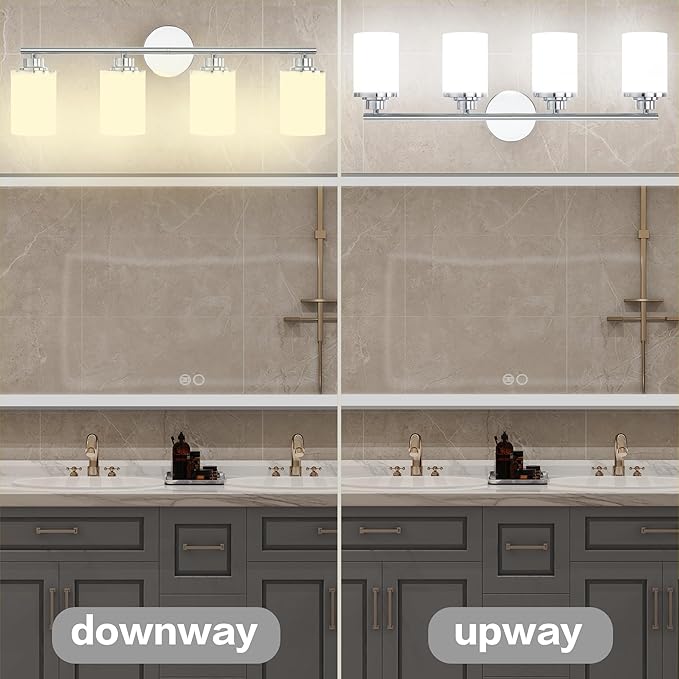 Chrome Bathroom Light Fixtures,4-Light Chrome Vanity Lights,Chrome Bathroom Lights Over Mirror,Mid-Century Modern Sconce with Frosted Glass