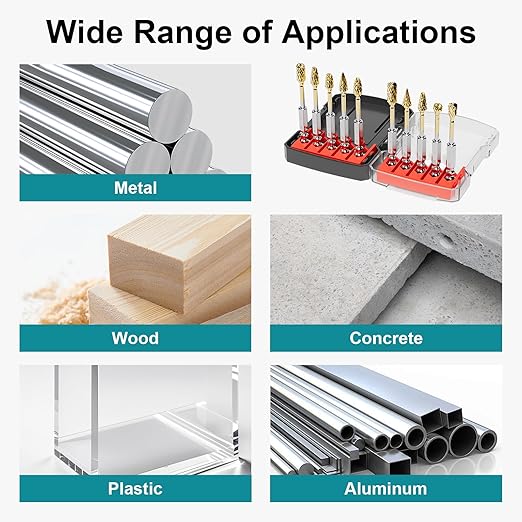 10Pcs 1/4'' Shank Double Cut Burr Set, Carbide Rotary Files Bits for Die Grinder Metal Wood Concrete Plastic Grinding Carving Engraving Drilling Polishing Cutting