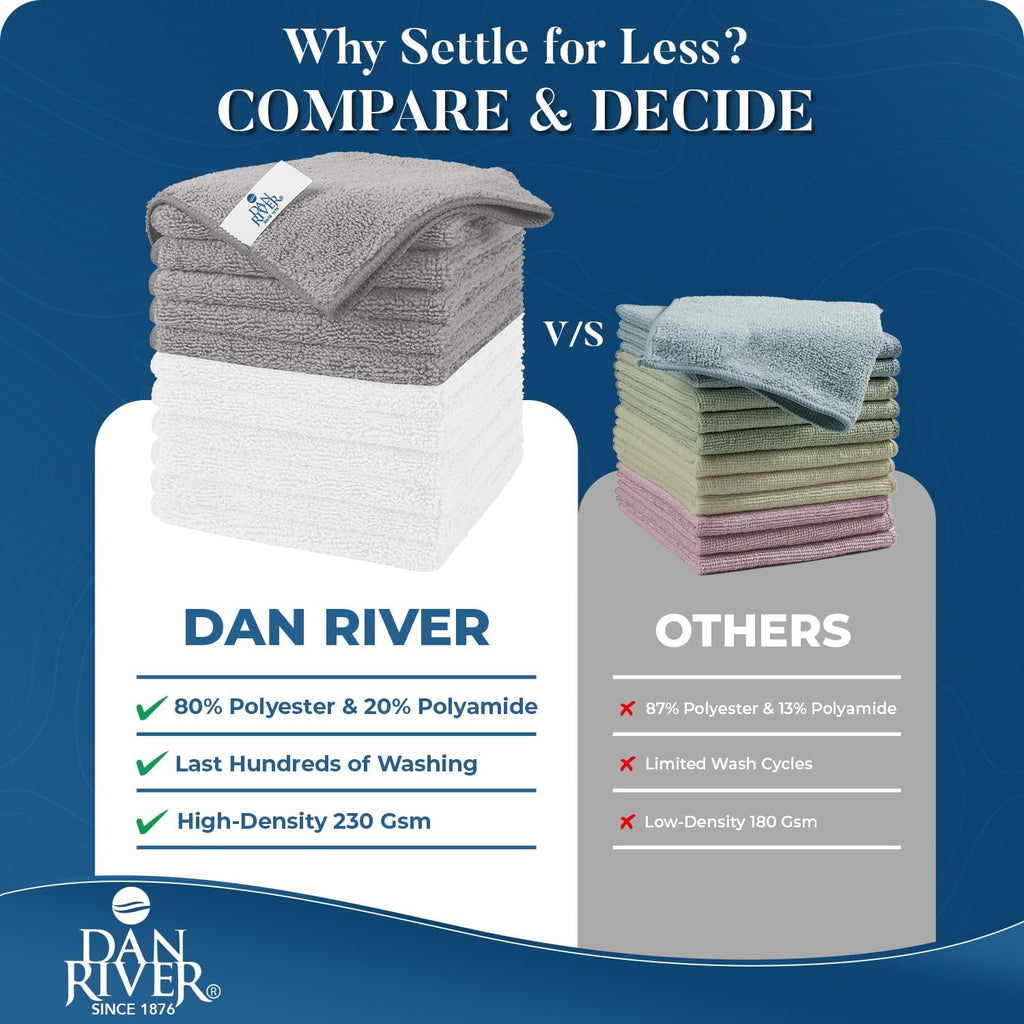 DAN RIVER 24-Pack Microfiber Towels – Ultra Absorbent, lint Free Cloth & Streak-Free for Home, Car & Kitchen - Must-Have Cleaning Essentials - 12" x 12" - Gray White