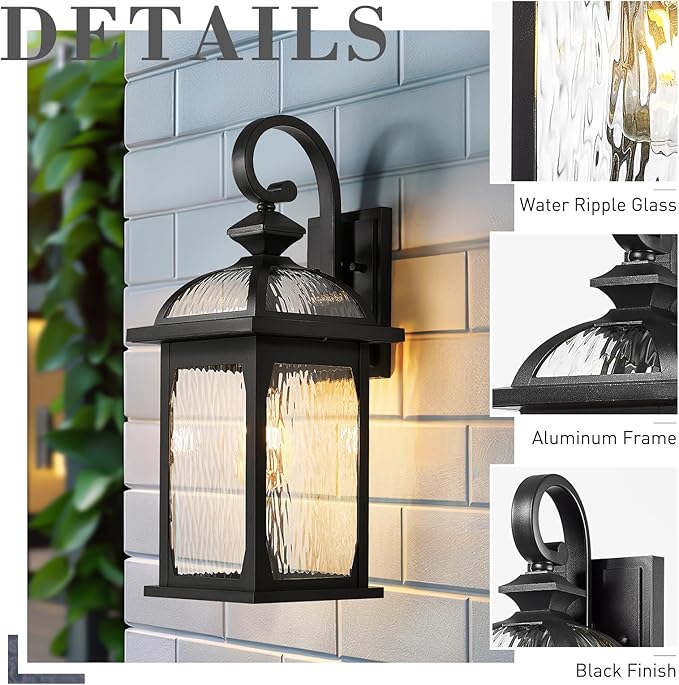 zeyu Large Outdoor Wall Fixture Lights, 22 Inch Exterior Porch Wall Lantern for Patio Porch, Die-Cast Aluminum with Water Ripple Glass, Black Finish, ZD100B-M BK-WP