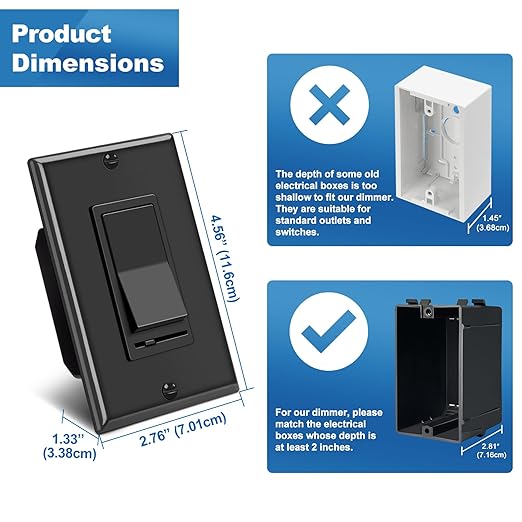 BESTTEN 10 Pack Dimmer Wall Light Switch, Compatible with Dimmable LED, CFL, Incandescent and Halogen Bulb, Single Pole or 3-Way Dimmer Switches, 120VAC, Decorator Wall Plate Included, Black